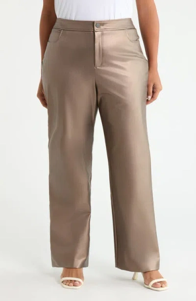 Anne Klein Metallic Faux Leather Bootleg Pants In Brown
