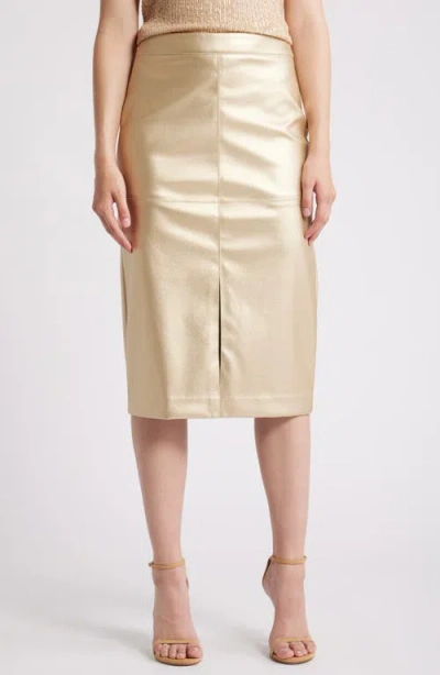 Anne Klein Metallic Faux Leather Midi Skirt In Gold