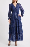 Anne Klein Metallic Floral Long Sleeve Tiered Dress In Blue