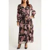 Anne Klein Metallic Floral Print Long Sleeve Faux Wrap Maxi Dress In Brown