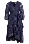 Anne Klein Metallic Long Sleeve High-low Wrap Dress In Blue