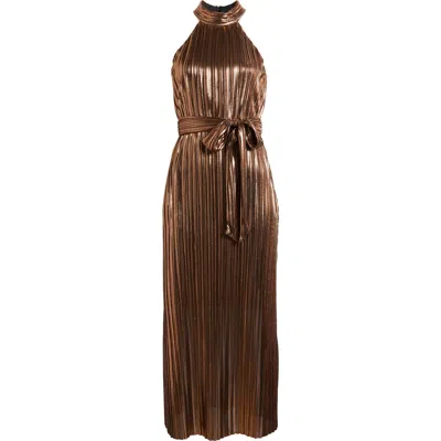 Anne Klein Women's Metallic Mock Neck Halter Dress In Beige