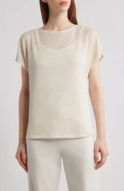 Anne Klein Metallic Stitch Boat Neck Top In White Dove/light Gold