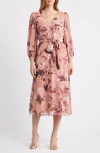 Anne Klein Metallic Stripe Floral Long Sleeve Midi Dress In Pink