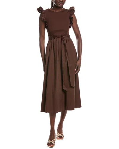 Anne Klein Mixed Knit & Woven Midi Dress In Brown
