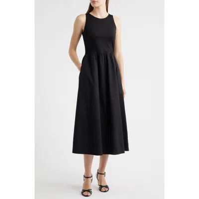 Anne Klein Mixed Media Sleeveless Cotton Midi Dress In Black