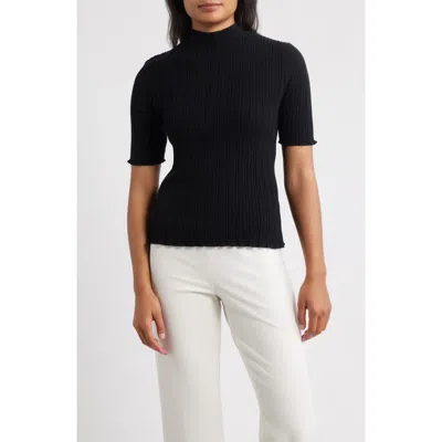 Anne Klein Mock Neck Short Sleeve Cotton Blend Sweater In Black