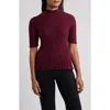 Anne Klein Mock Neck Short Sleeve Cotton Blend Sweater In Burgundy