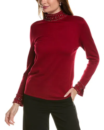 Anne Klein Women's Petite Embellished Mock Neck Long Sleeve Sweater In Titian Red