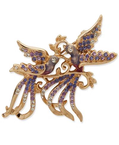 Anne Klein Multi-stone Love Birds Purple Motif Pin In Gold