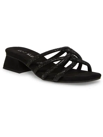 Anne Klein Nikole Womens Faux Leather Rhinestone Slide Sandals In Black Smooth