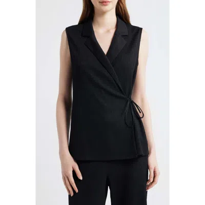 Anne Klein Notch Lapel Crepe Wrap Top In Black