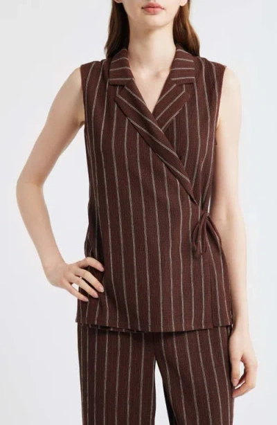 Anne Klein Notch Lapel Stripe Wrap Top In Brown
