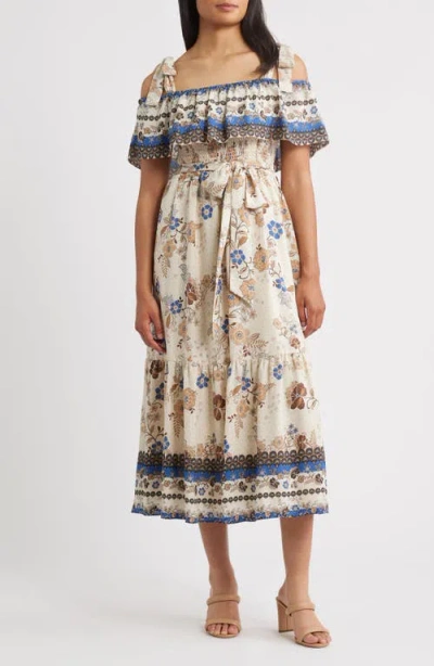 Anne Klein Off The Shoulder Mix Print Midi Dress In Blue