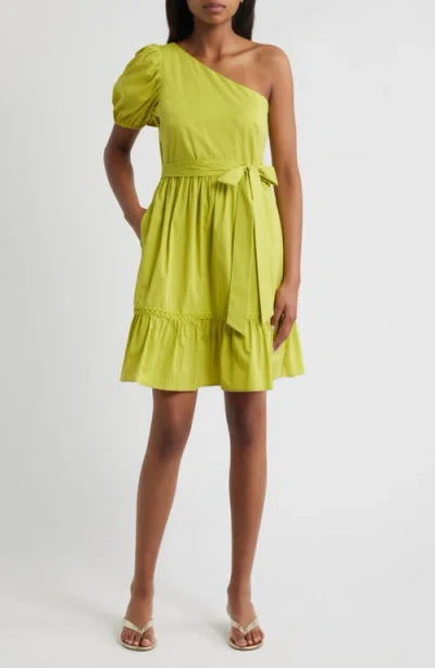 Anne Klein One-shoulder Puff Sleeve Cotton Blend Dress In Green