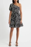 Anne Klein One-shoulder Puff Sleeve Cotton Dress In Multi