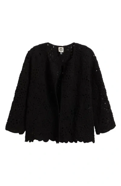 Anne Klein Openwork Floral Cotton Cardigan In Black