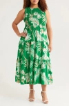 Anne Klein Palm Print Smocked Tiered Maxi Dress In Tropical Green Multi
