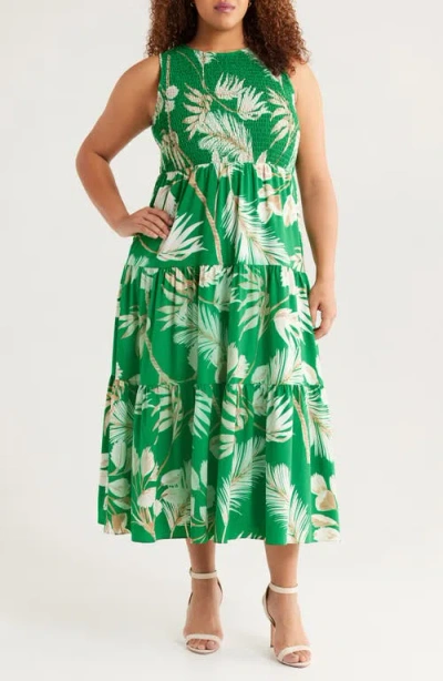 Anne Klein Palm Print Smocked Tiered Maxi Dress In Green