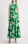 Anne Klein Palm Print Smocked Tiered Maxi Dress In Tropical Green Multi