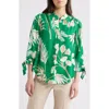 Anne Klein Palm Print Tie Cuff Crepe Top In Green