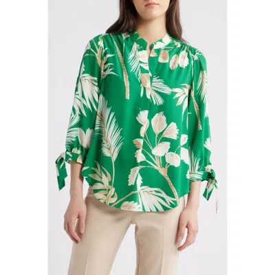 Anne Klein Palm Print Tie Cuff Crepe Top In Green