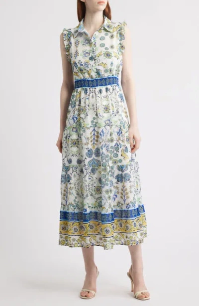 Anne Klein Patio Floral Print Clip Dot Midi Shirtdress In Pearl White Multi