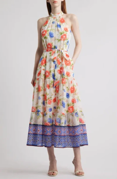 Anne Klein Patio Floral Print Halter Neck Clip Dot Midi Dress In Pearl White Multi