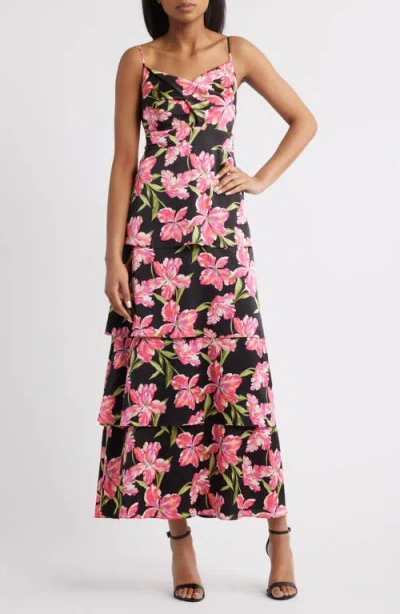 Anne Klein Patio Print Cowl Neck Tiered Midi Dress In Multi