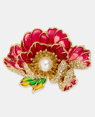Anne Klein Pave & Imitation Pearl Flower Pin In Red