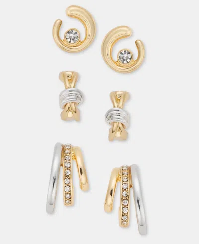 Anne Klein Pave Swirl, Crisscross & Triple-row Earrings, 3-piece Set In Transparent