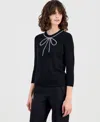 Anne Klein Petite 3/4-sleeve Bow-embellished Sweater In Black