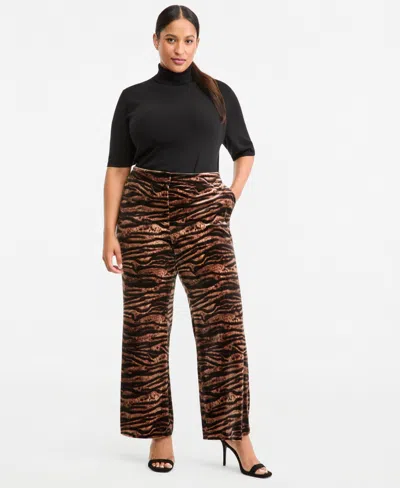 Anne Klein Petite Animal-print Velvet Flare Pants In Brown