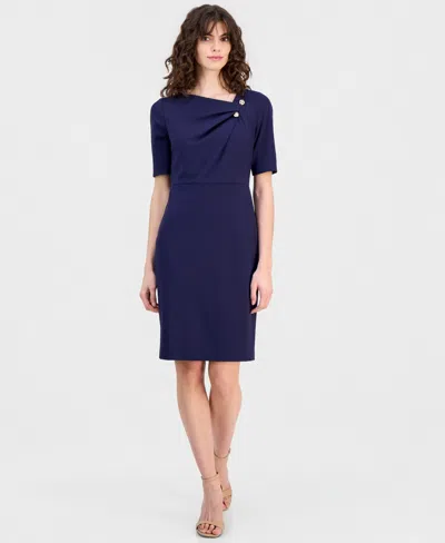 Anne Klein Petite Asymmetrical Neck Short-sleeve Dress In Blue