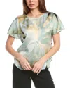 Anne Klein Petite Floral-print Curved-hem Bateau-neck Blouse In Green