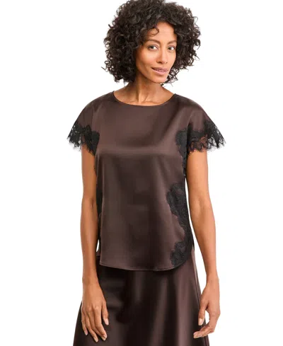 Anne Klein Petite Bateau Neck Lace Trim Short-sleeve Blouse In Brown