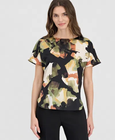 Anne Klein Petite Bateau Neck Short-sleeve Printed Top In Black