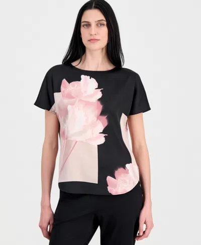 Anne Klein Petite Batteau Neck Short-sleeve Blouse In Black