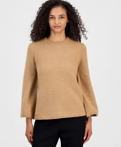 Anne Klein Petite Bell-sleeve Braided-trim Cardigan In Brown