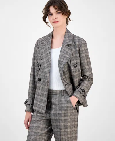 Anne Klein Petite Belted Plaid Trench Jacket In Multi