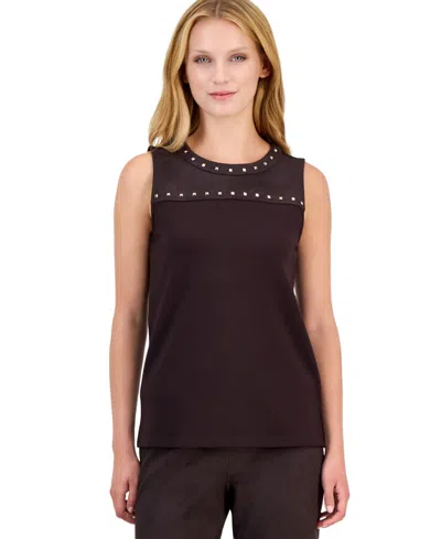 Anne Klein Petite Boat-neck Sleeveless Knit-shell Blouse In Brown