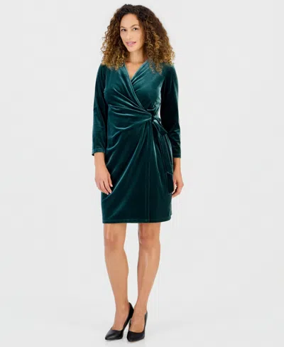 Anne Klein Petite Classic Faux-wrap Velvet V-neck Wrap Dress In Green
