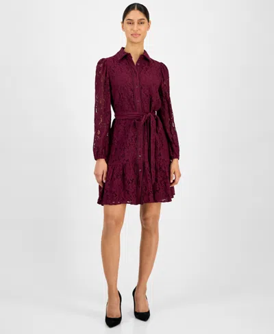 Anne Klein Petite Collared Shirt Dress In Burgundy