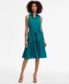 Anne Klein Petite Cotton Belted Pleated Tiered Shirtdress In Green