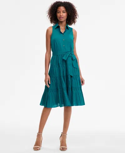 Anne Klein Petite Cotton Belted Pleated Tiered Shirtdress In Green