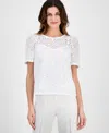 Anne Klein Petite Crewneck Short-puff-sleeve Lace Top In Bright White