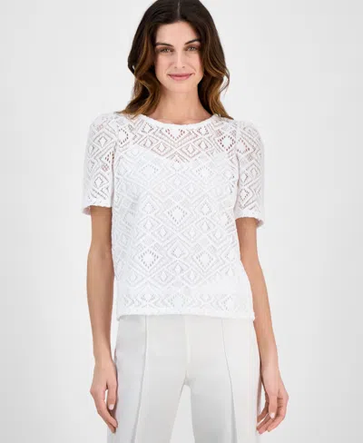 Anne Klein Petite Crewneck Short-puff-sleeve Lace Top In Bright White
