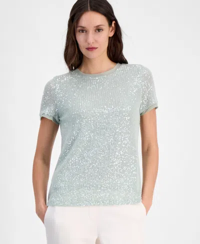 Anne Klein Petite Crewneck Short-sleeve Sequin T-shirt In Soft Aloe