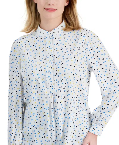 Anne Klein Petite Dot Print Band Collar Long-sleeve Top In Bright White