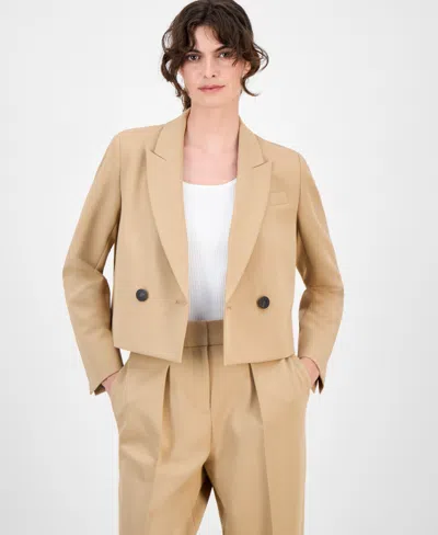 Anne Klein Petite Double-breasted Peak-lapel Blazer In Brown